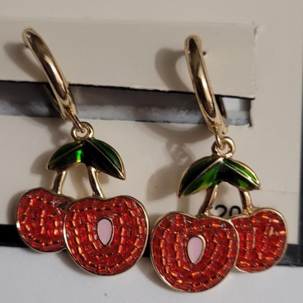 NAPIER Retro Gold Cherry & Stem Red/Green Enamel Hoop Drop Earrings**NEW! - Picture 1 of 3
